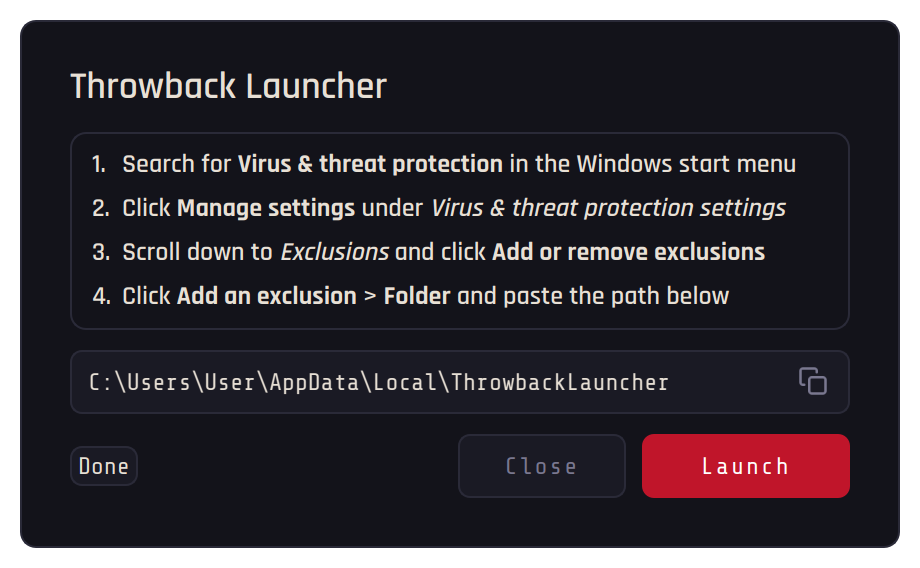 The Throwback Launcher installer with the exclusion steps and the Launcher folder