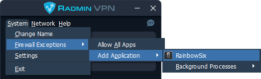 Radmin VPN with System, Firewall Exceptions and Add Application open and RainbowSix selected