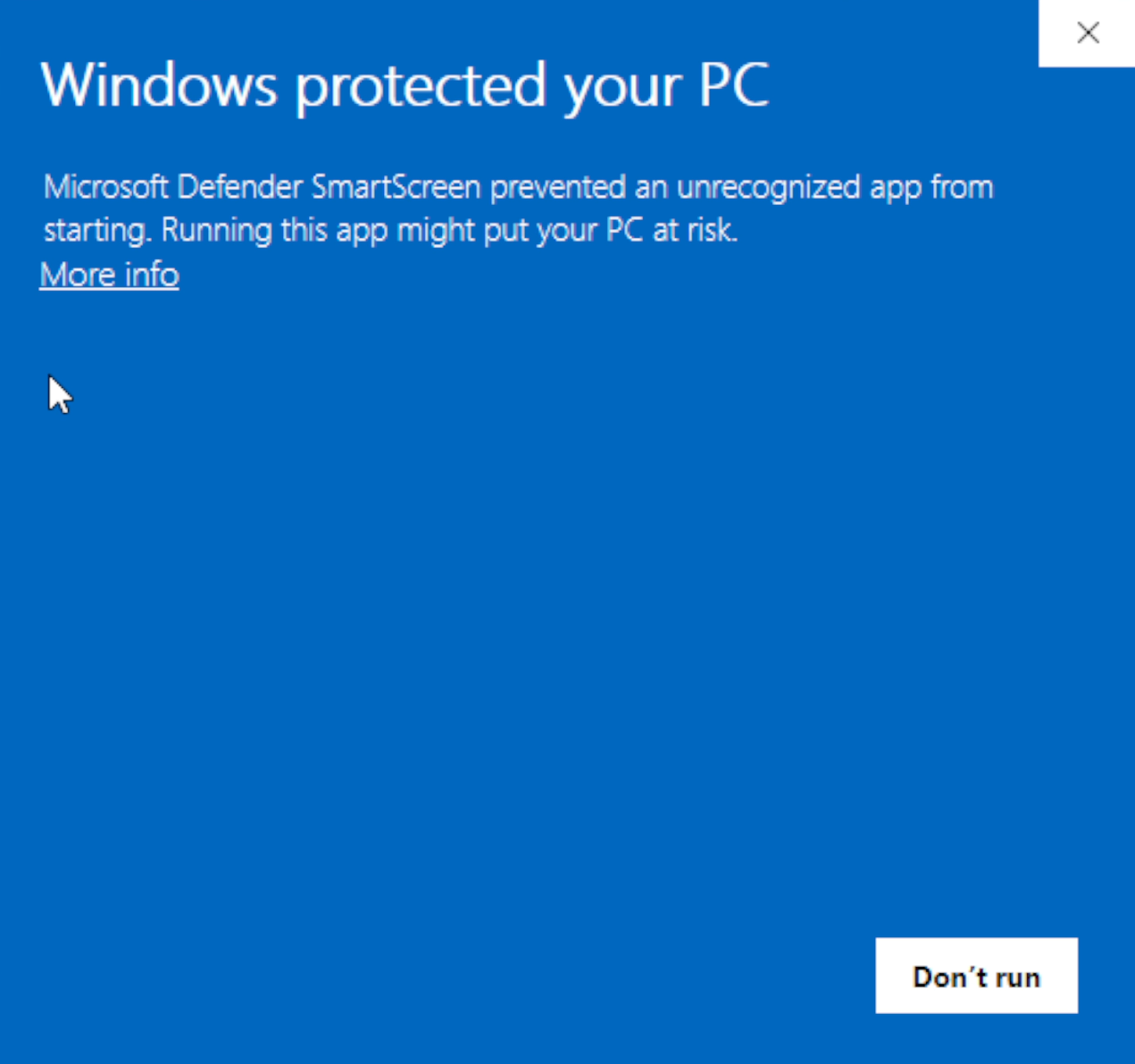 Windows SmartScreen blocking the installer, then More info and Run anyway